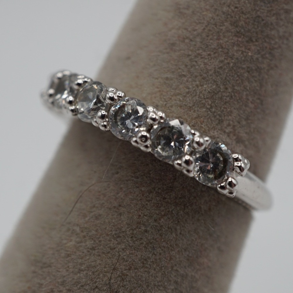 NV Silver Tone Round Cut Clear CZ Half Eternity Band Ring Size 6